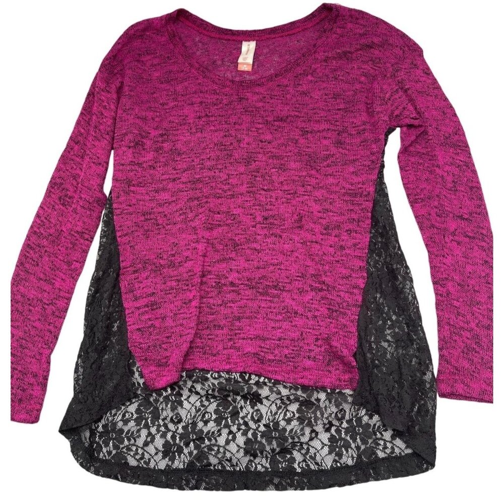 no boundaries long sleeve shirt pink black lace sheer knit high low medium READ